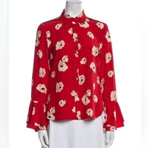 Derek Lam 10 Crosby 100% Silk Button Up Red Floral poppy Top Size 6